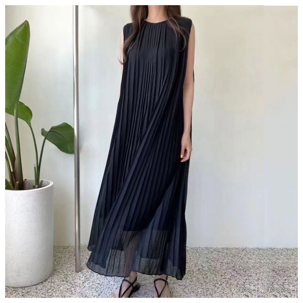 【ASister 小姊姊】AS0582#洋裝☆*無袖圓領褶皺*修身顯瘦氣質百褶雪紡長版連身裙(黑色_F)