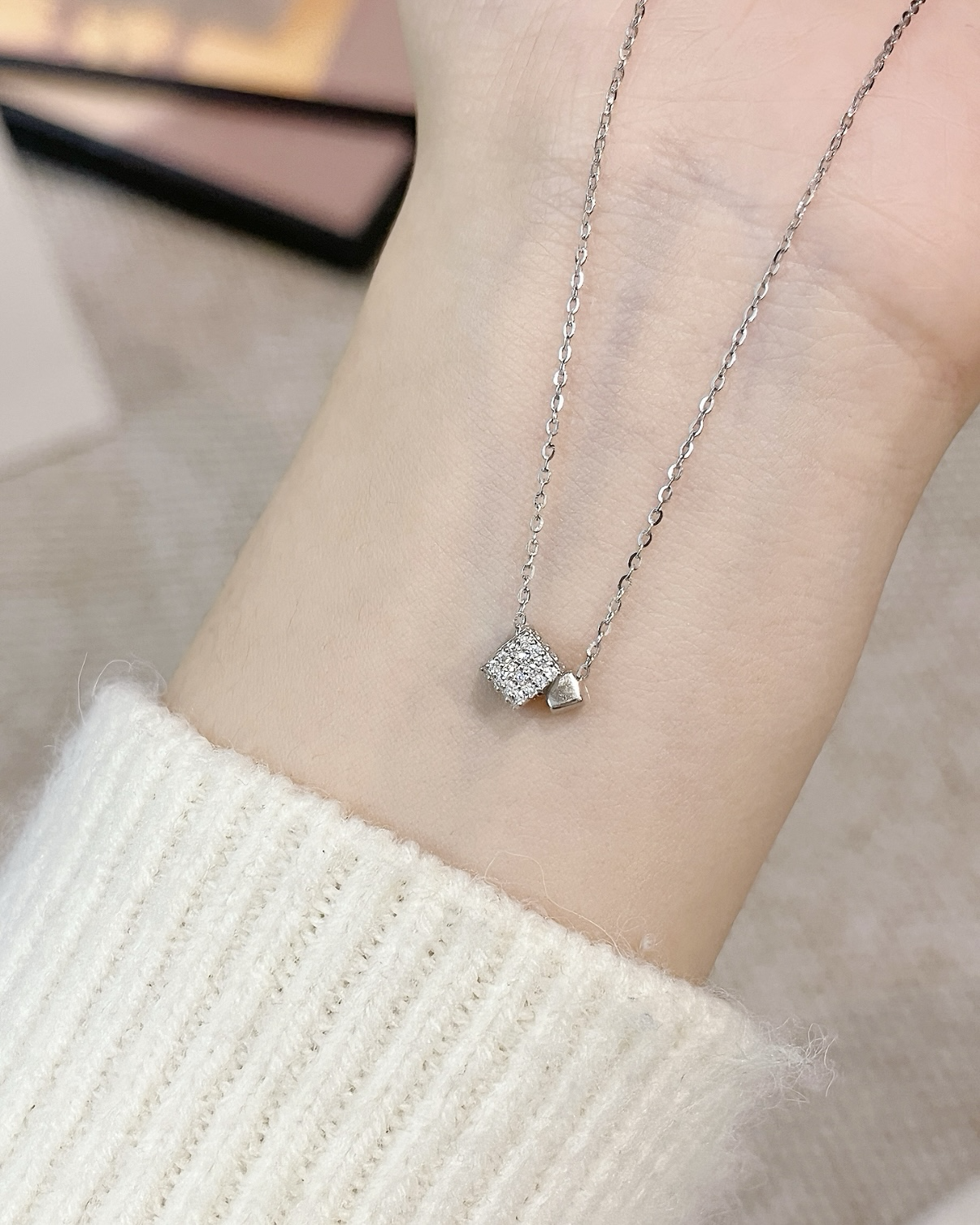 KADER 銀色 小方糖 鑲鑽 方塊 925銀 可調節 項鍊