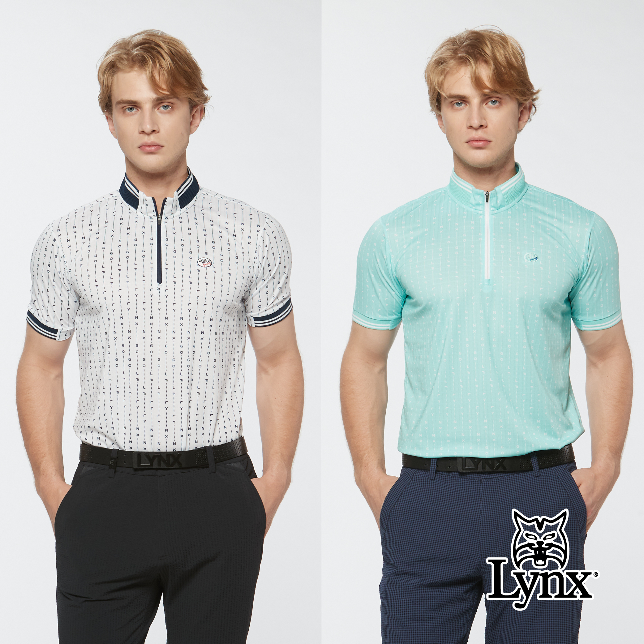 男款合身版吸濕排汗滿版線條印花羅紋剪接造型立領短袖上衣