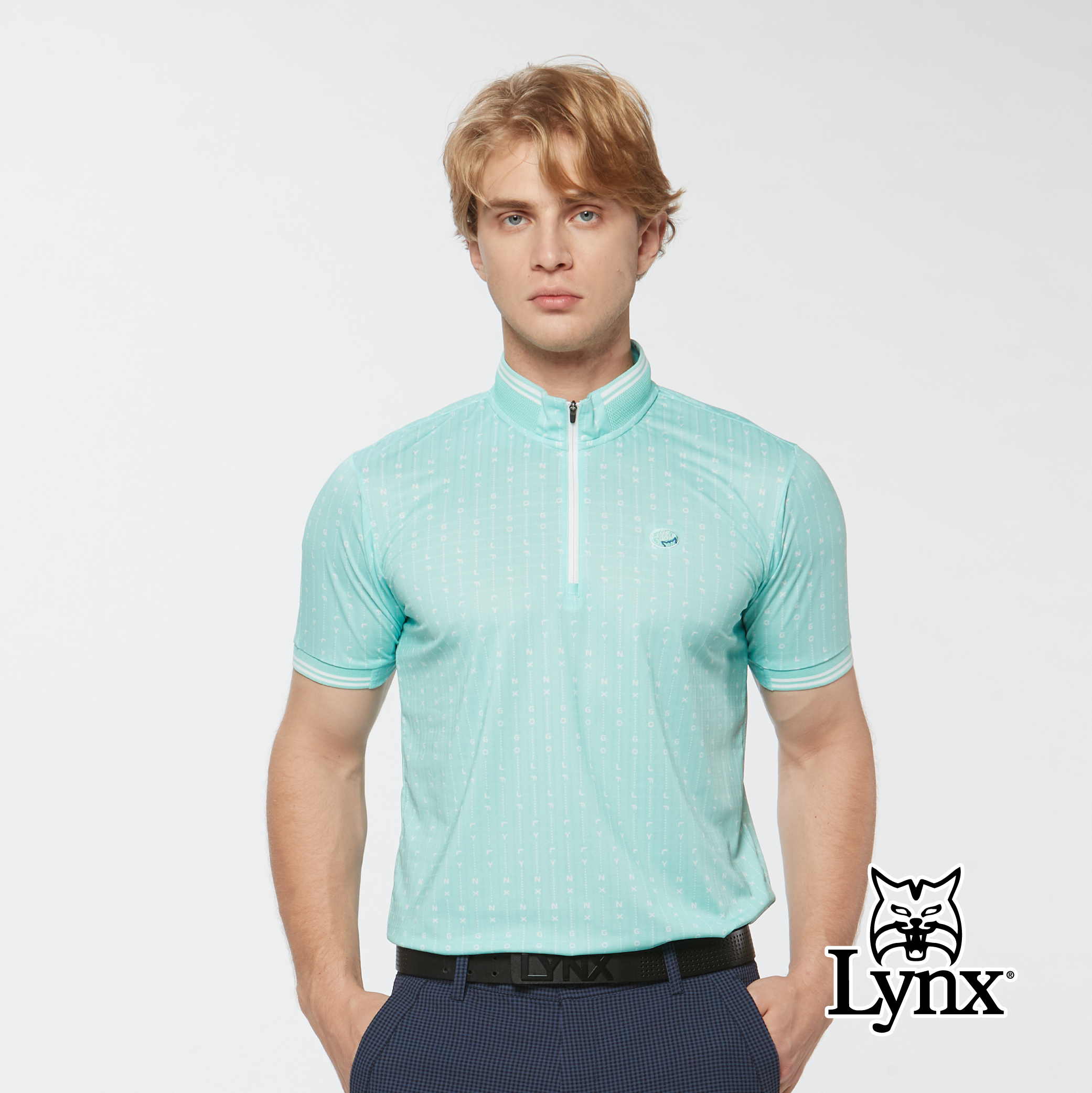 男款合身版吸濕排汗滿版線條印花羅紋剪接造型立領短袖上衣