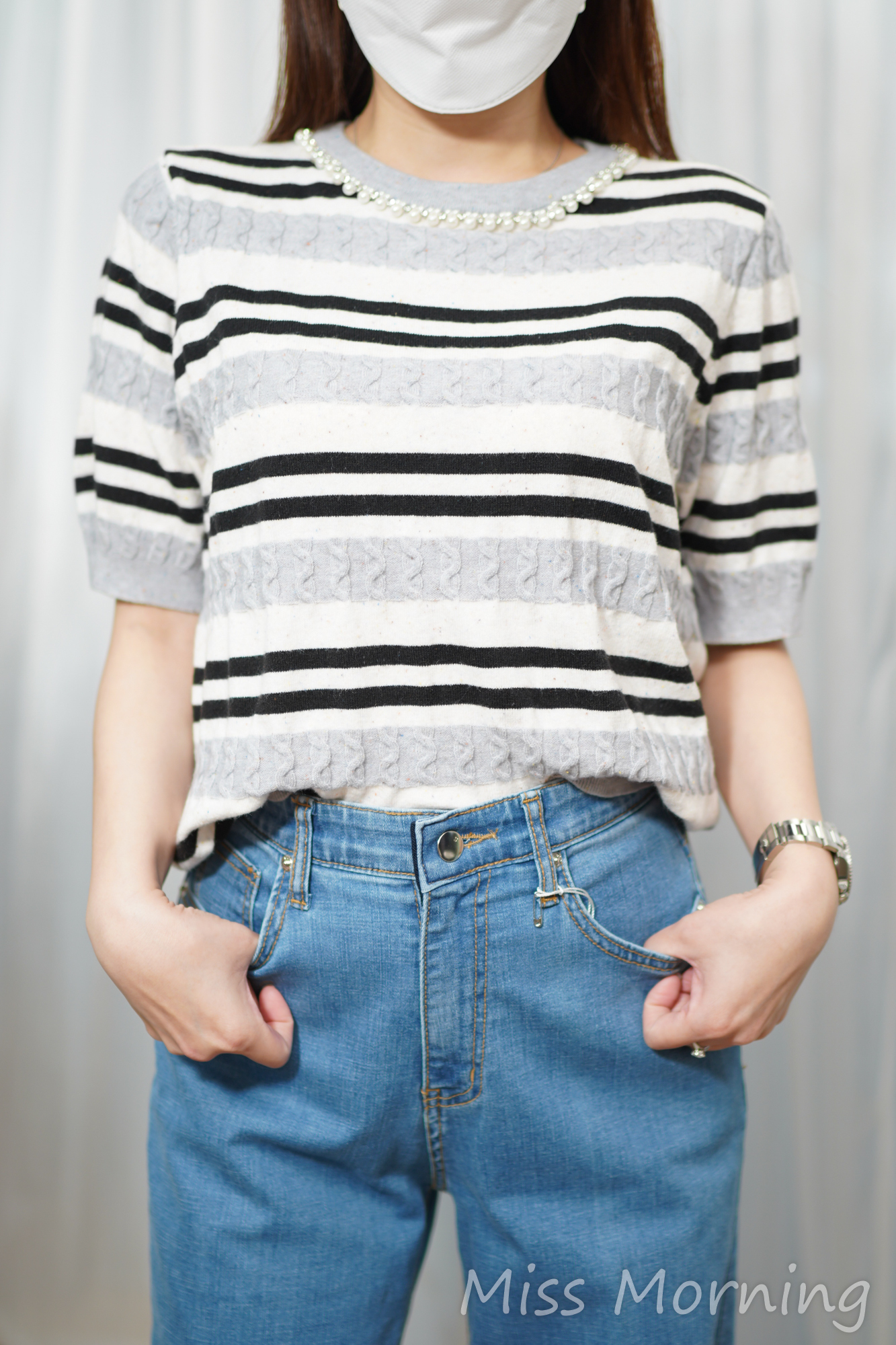 珠領點綴清新條子衫(15127)