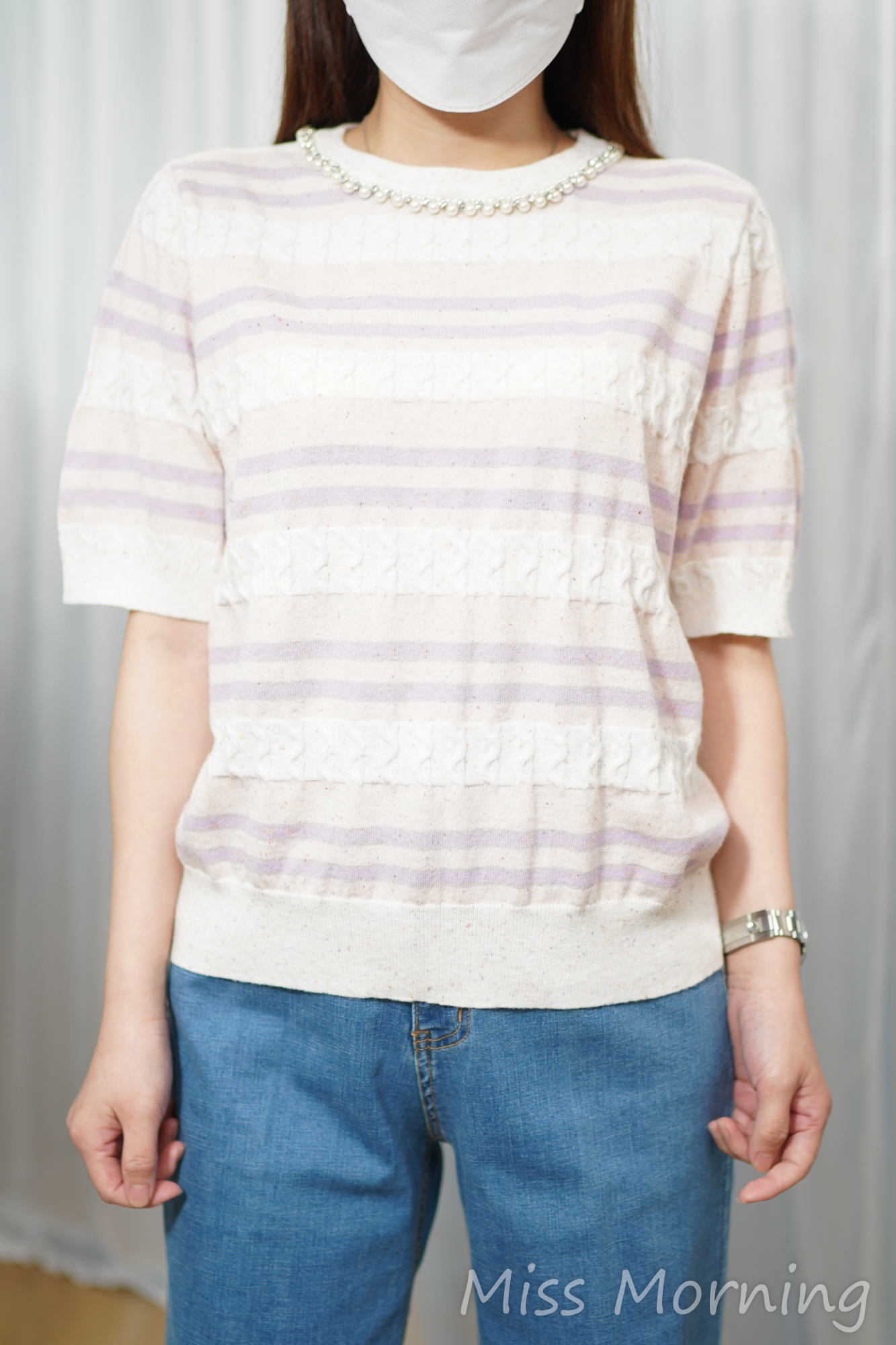 珠領點綴清新條子衫(15127)