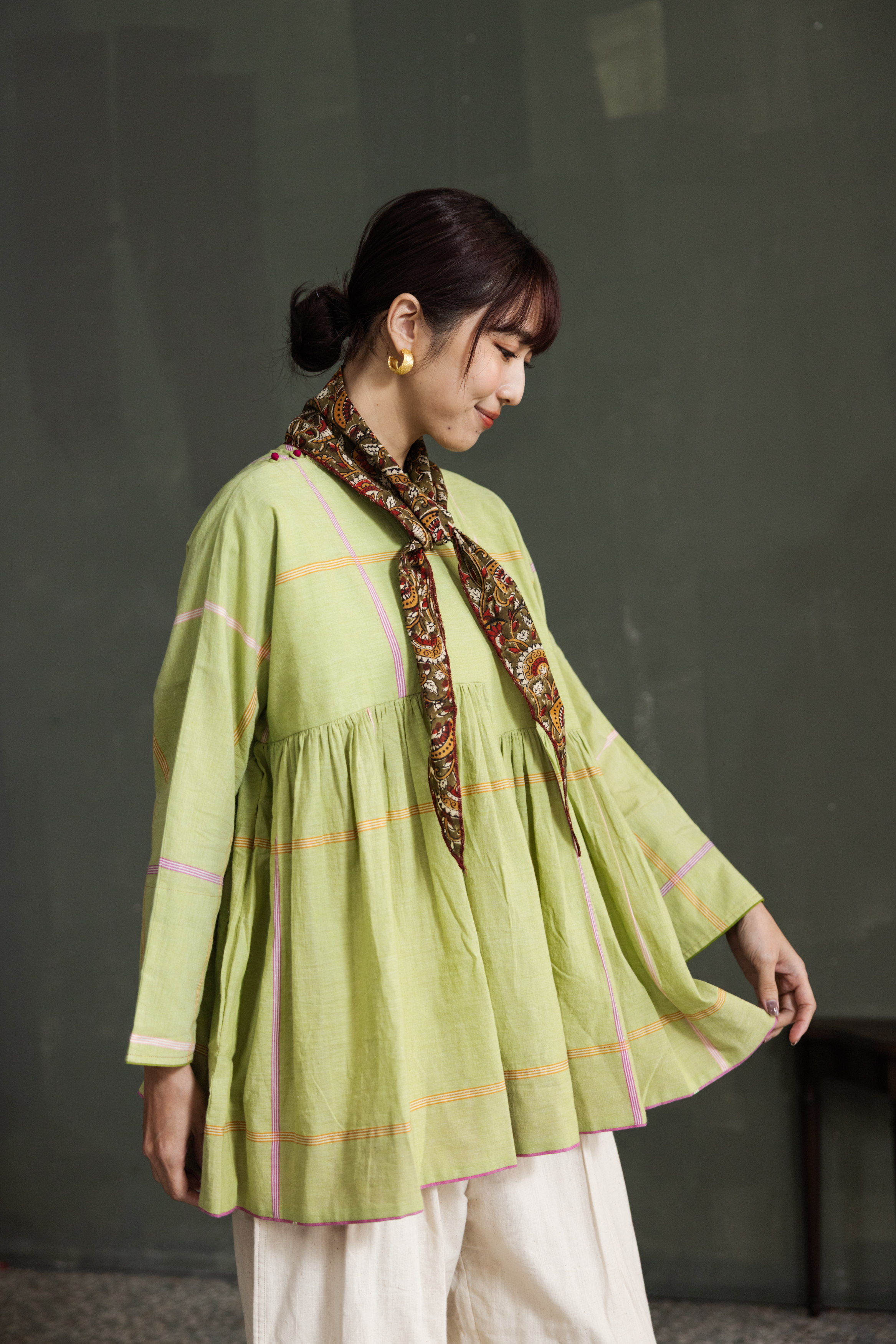 木刻蓋印長領巾_秋綠