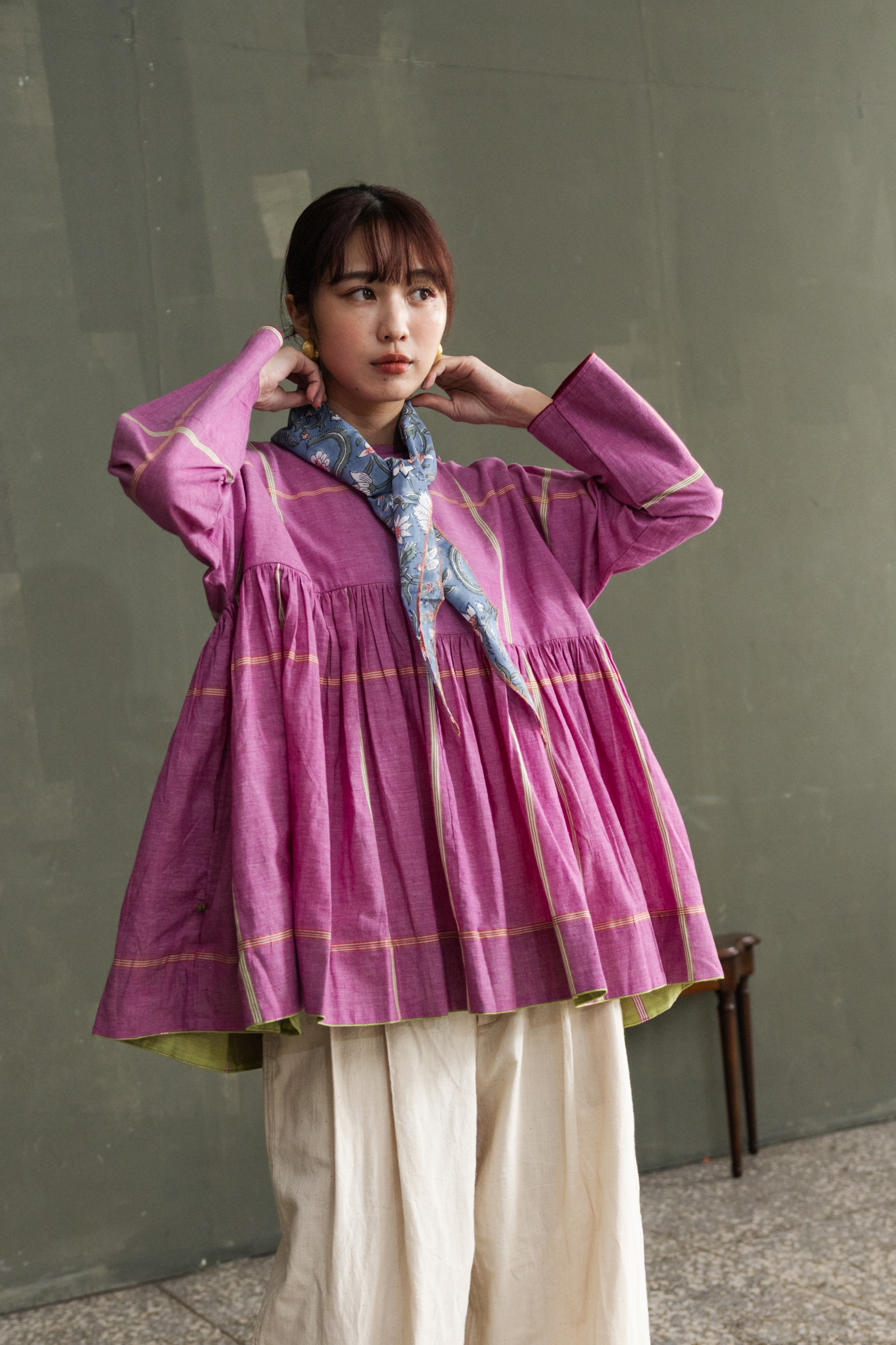 木刻蓋印長領巾_水藍