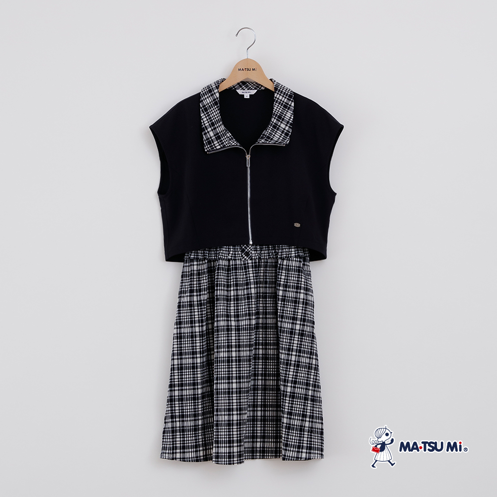 MA‧TSU Mi 涼感面料背心X格紋鹽縮布兩件式洋裝(深藍)