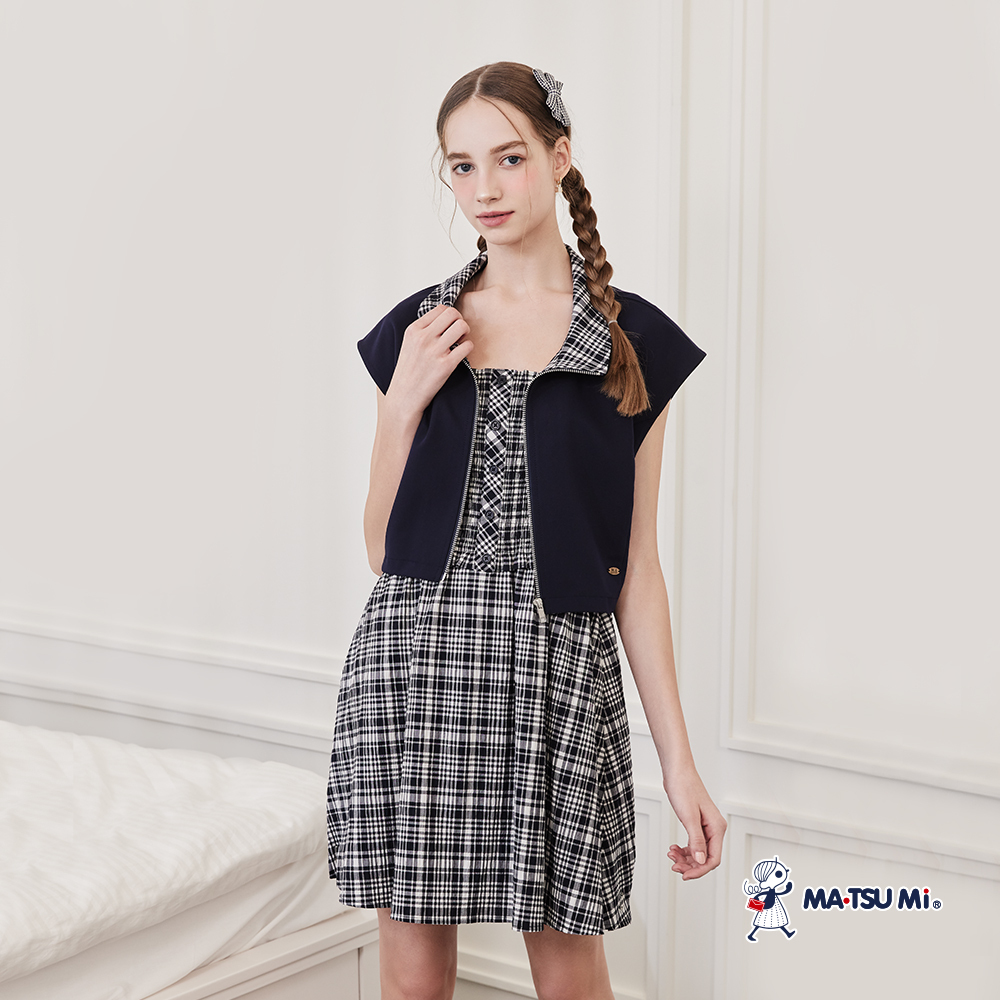 MA‧TSU Mi 涼感面料背心X格紋鹽縮布兩件式洋裝(深藍)