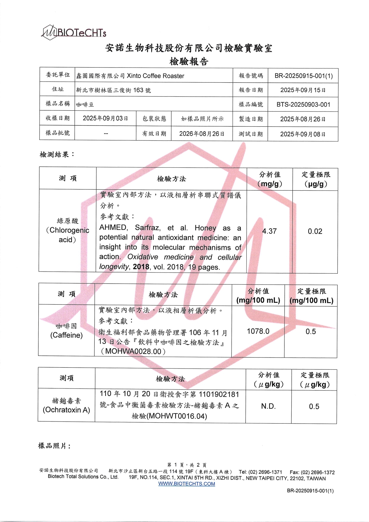 Xinto檢驗報告:綠原酸、咖啡因、赭麴毒素