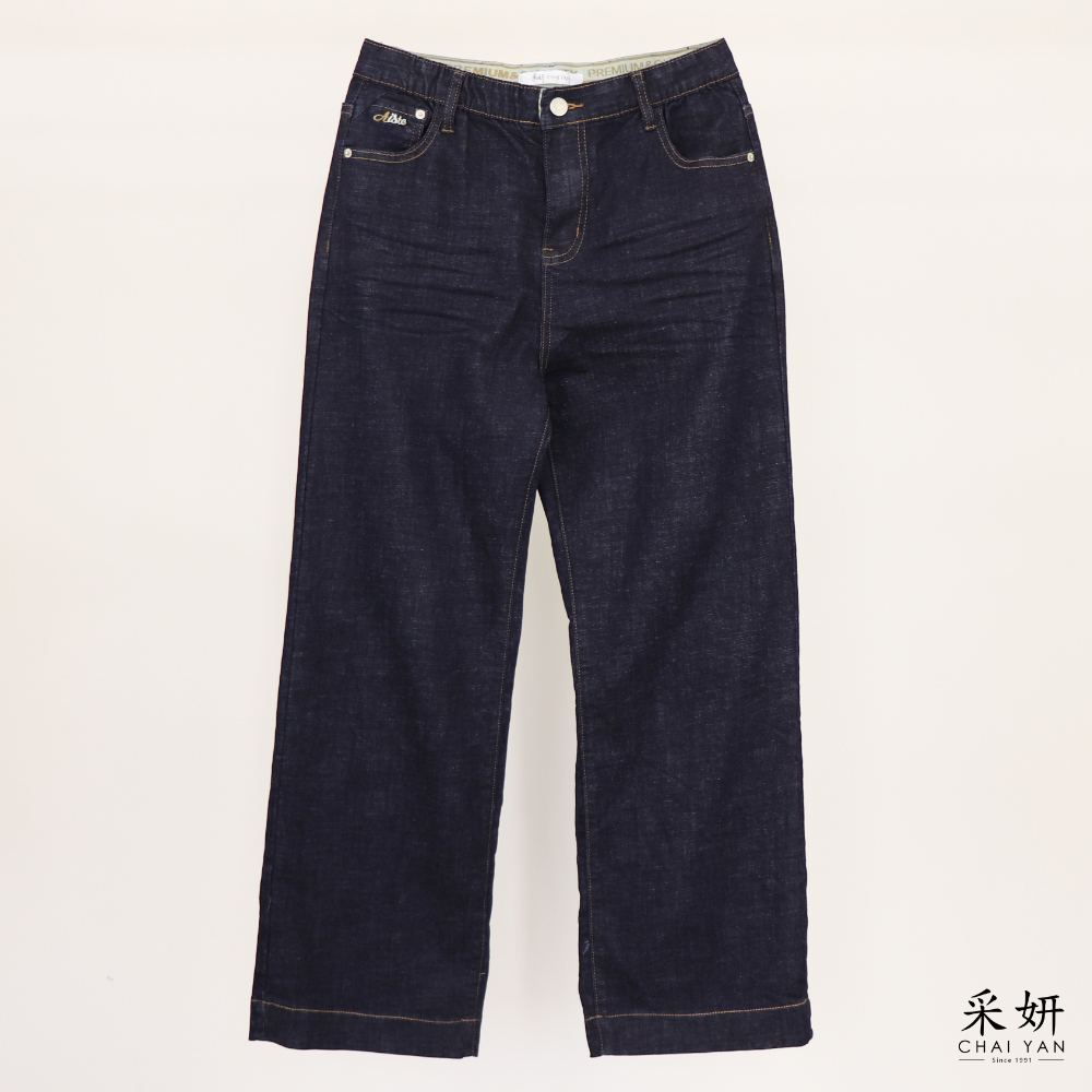 鬆緊腰皮標直筒牛仔褲