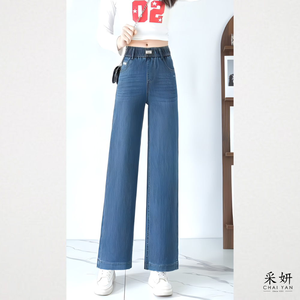 卯釦布標直筒牛仔褲