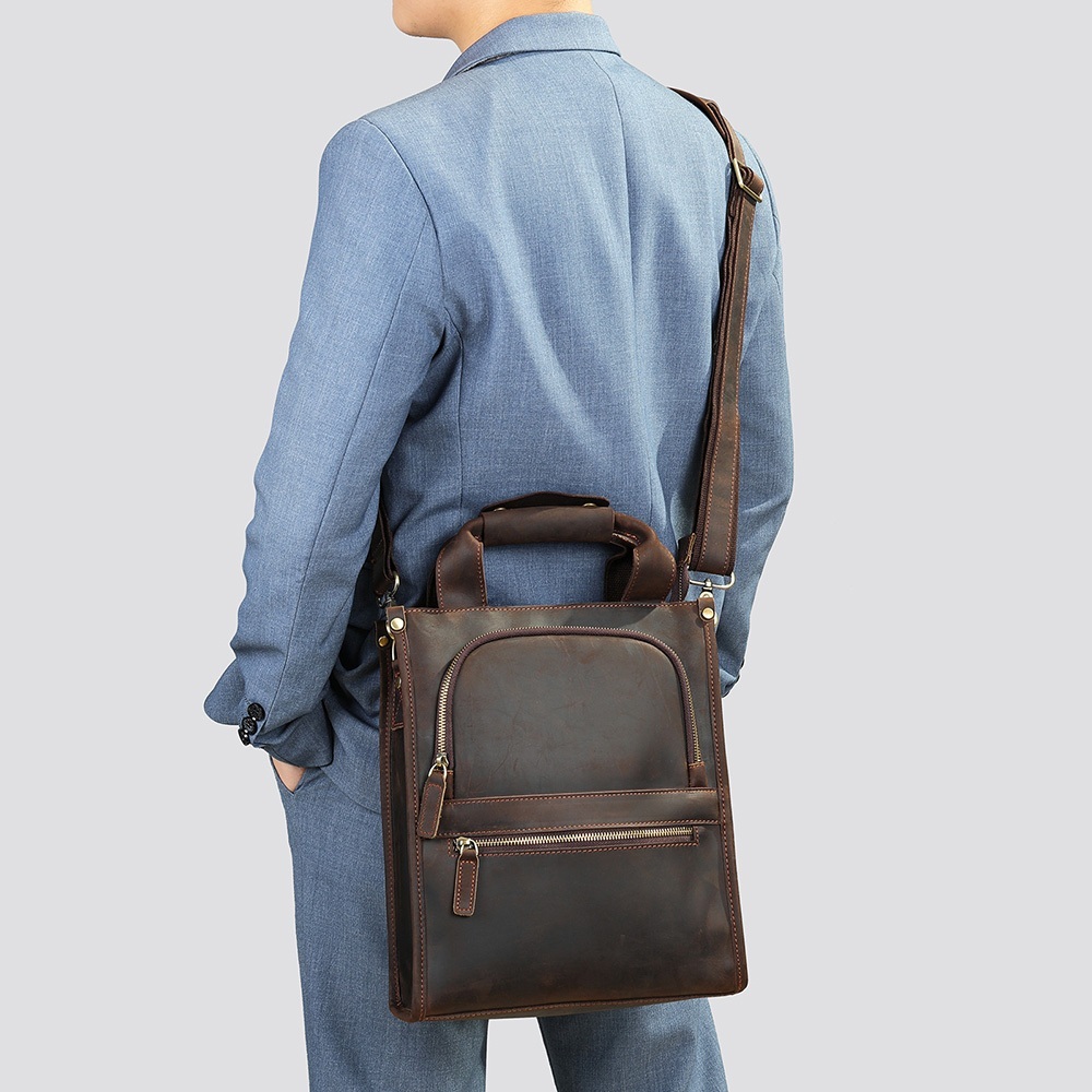 手提包  肩背包 真皮包包 瘋馬皮單肩包 包包 通勤包 公事包 直款文件包 男生包包 斜背包 復古包包 送男友 130