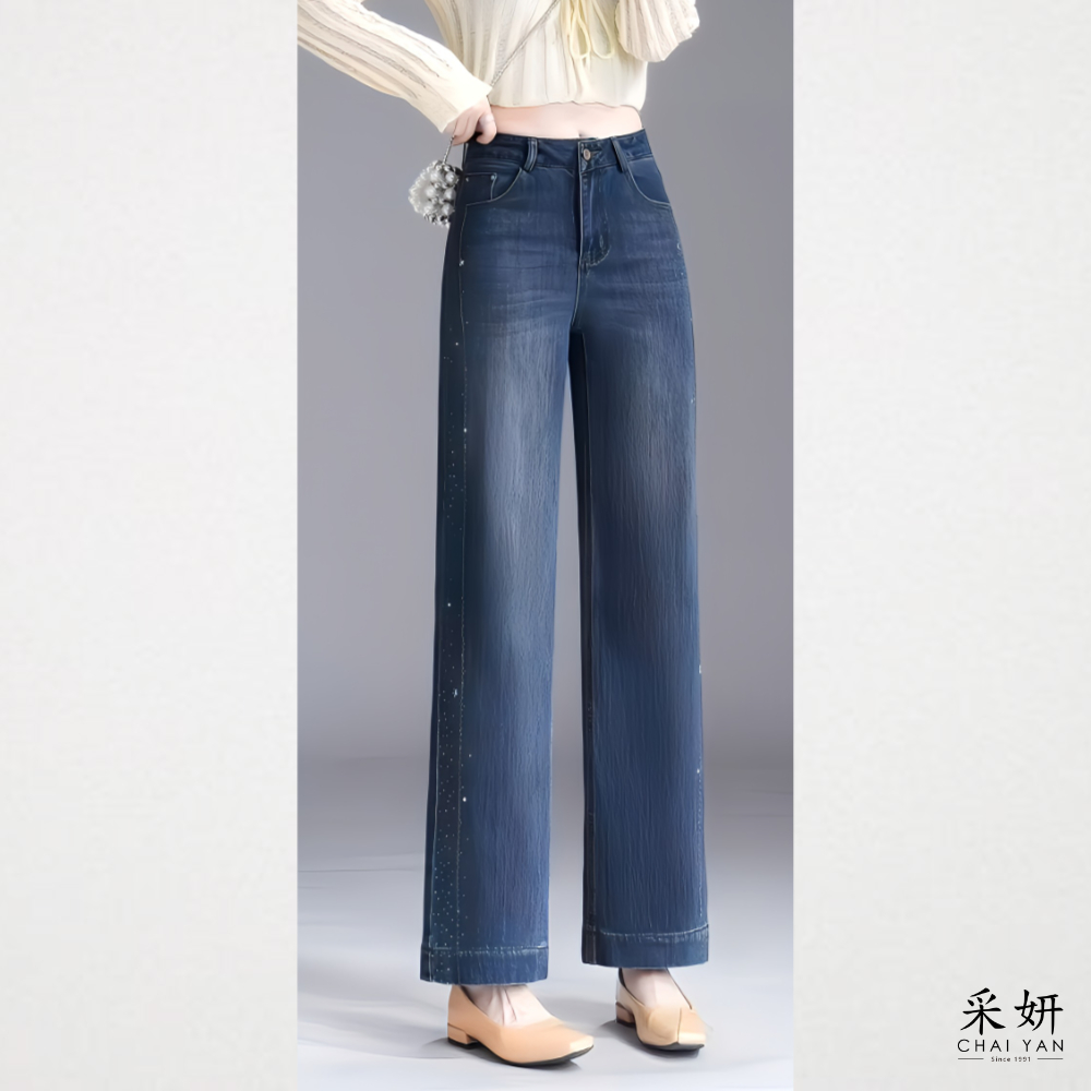 水鑽花朵直筒牛仔褲