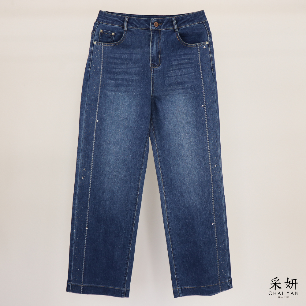 水鑽花朵直筒牛仔褲