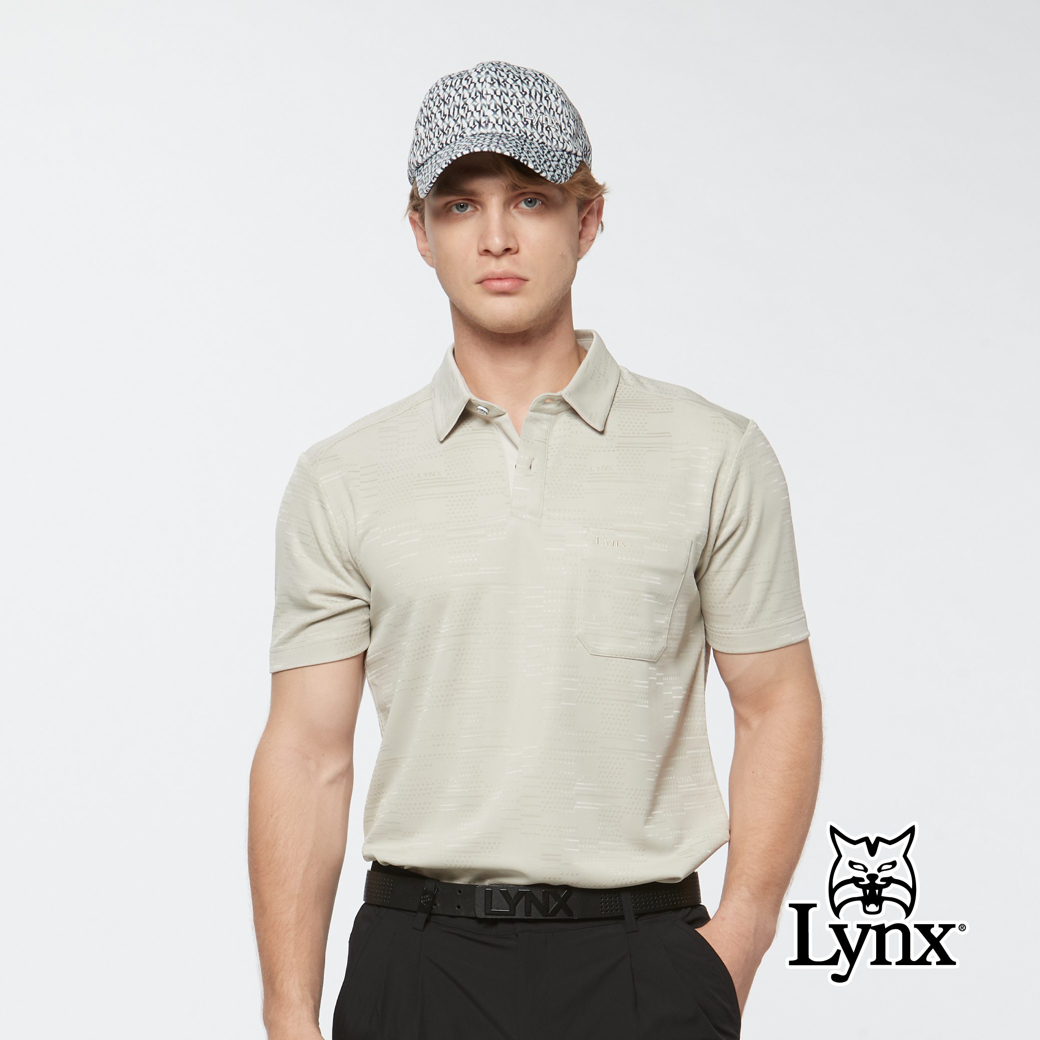 男款吸濕排汗雙面緹花網眼布料胸袋設計短袖半開襟POLO衫