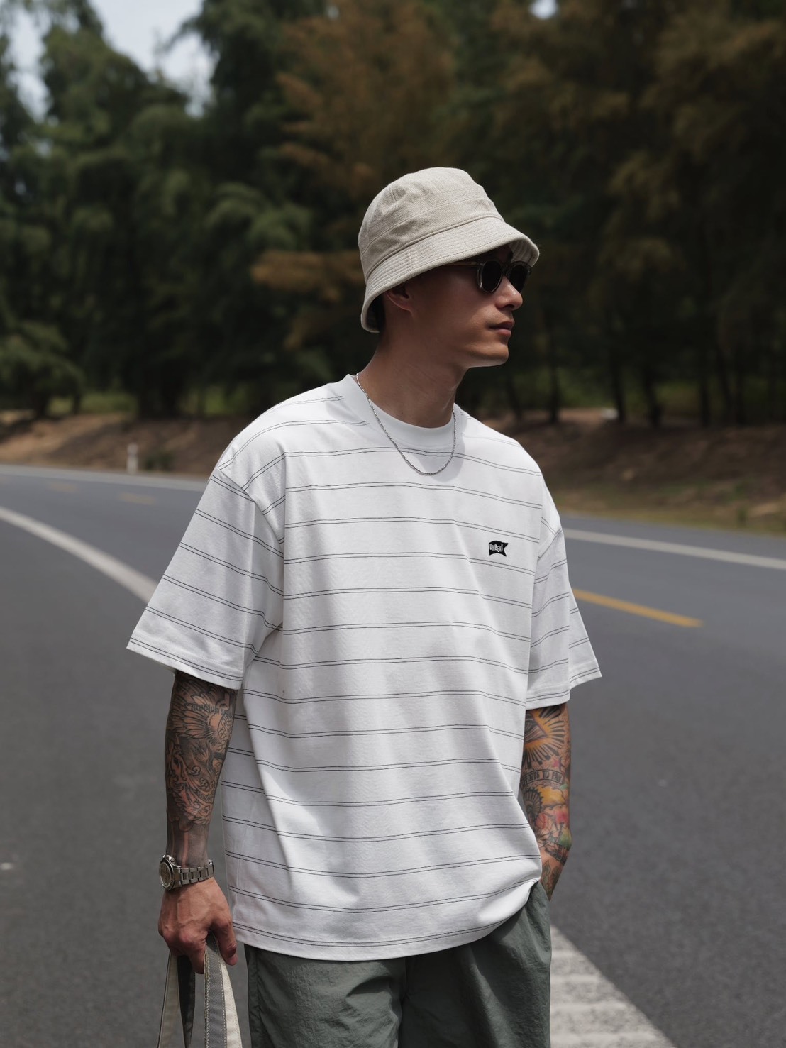 #預購 UNBENT 26SS 定製面料 日系休閒 刺繡LOGO 條紋圓領短踢 兩色