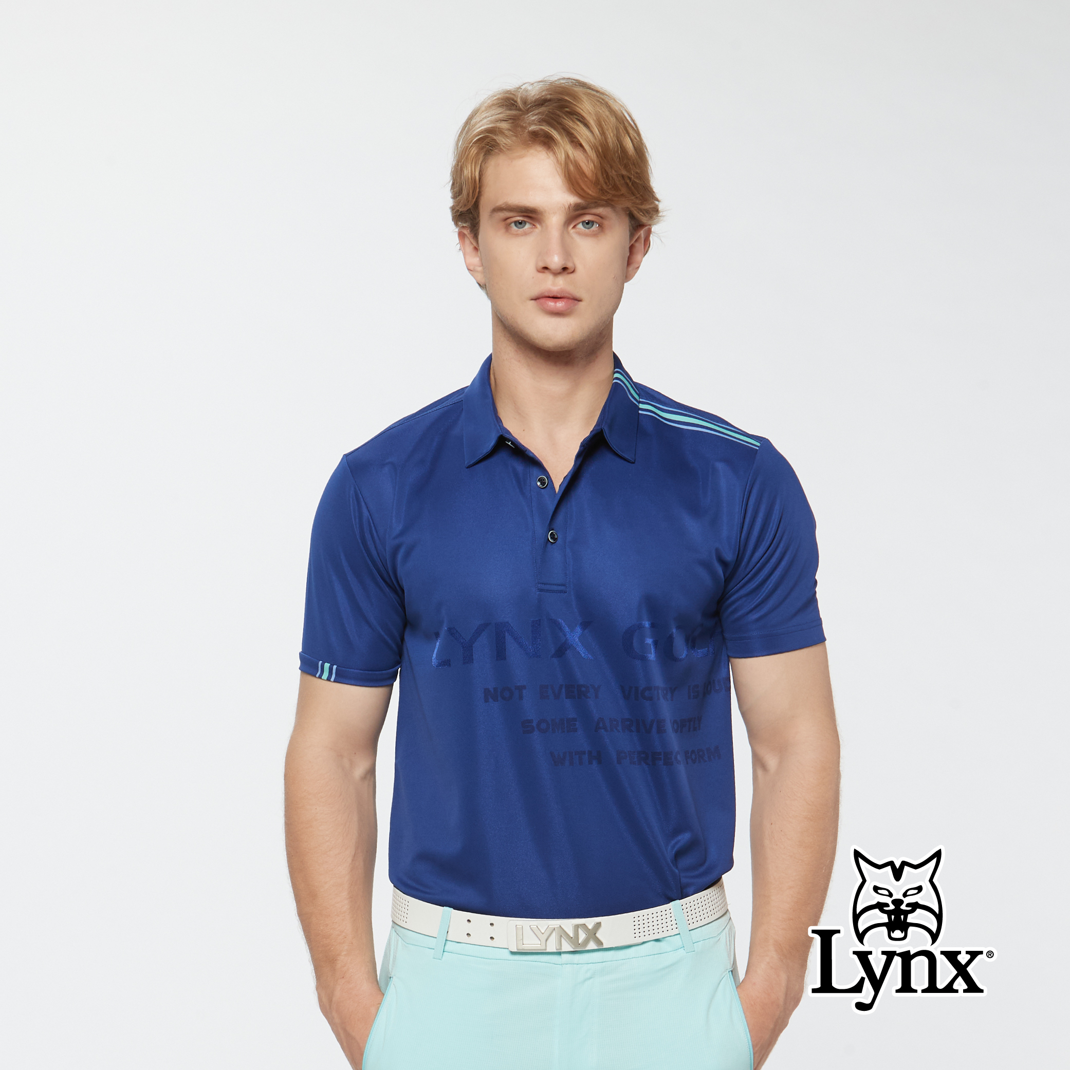 男款吸濕排汗雙面緹花異材質剪裁短袖半開襟POLO衫