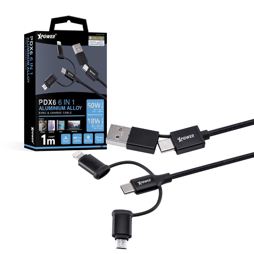 XPower PDX6 6合1 60W PD3.0 鋁合金傳輸充電線