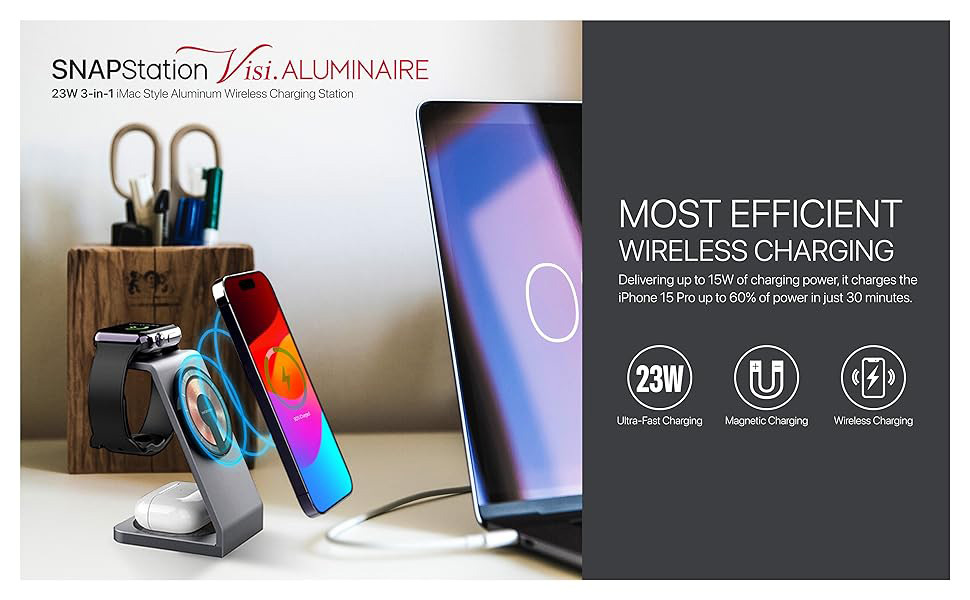 Microdia SNAPStation Aluminaire - 23W 3-in-1 MagSafe Magnetic Wireless Charging Station 5200
