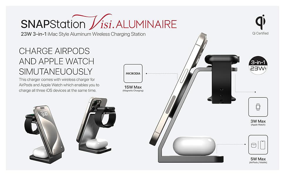 Microdia SNAPStation Aluminaire - 23W 3-in-1 MagSafe Magnetic Wireless Charging Station 5200