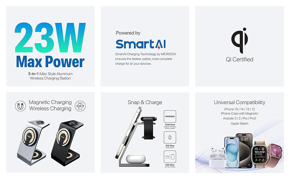 Microdia SNAPStation Aluminaire - 23W 3-in-1 MagSafe Magnetic Wireless Charging Station 5200