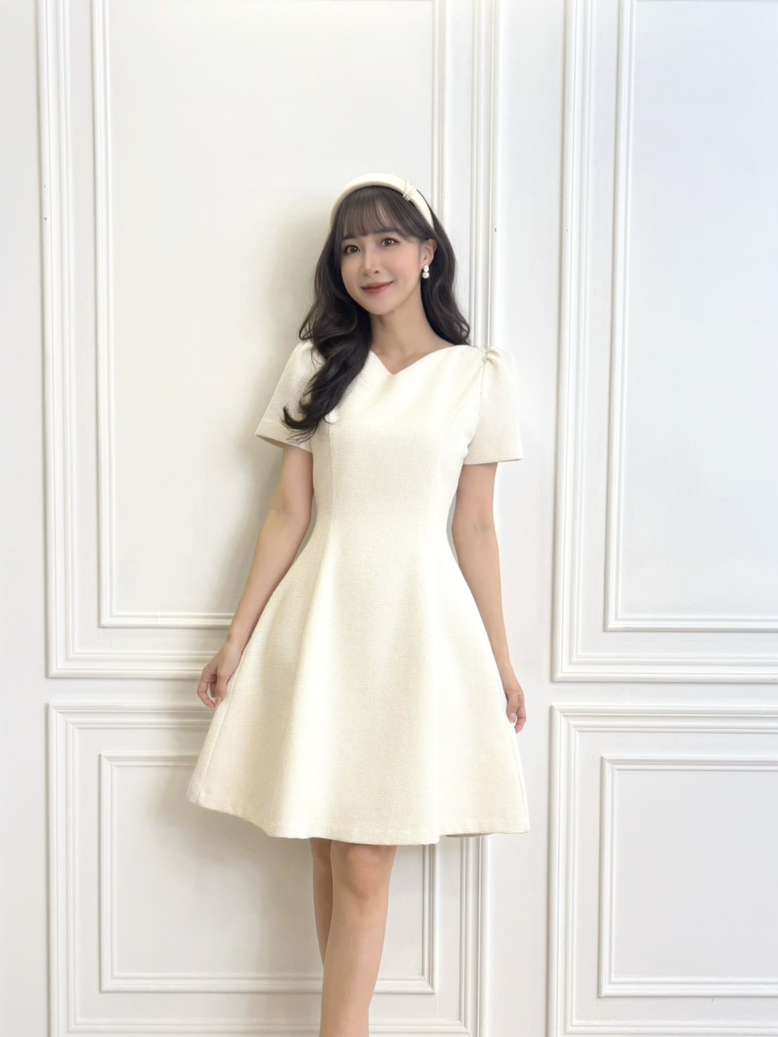 V領短袖織紋短傘洋