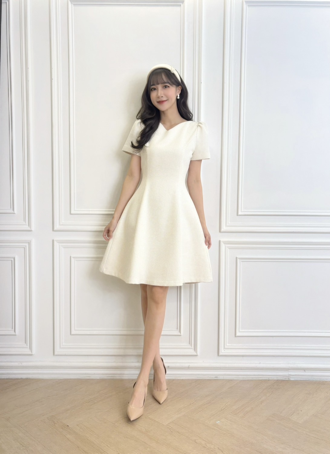 V領短袖織紋短傘洋