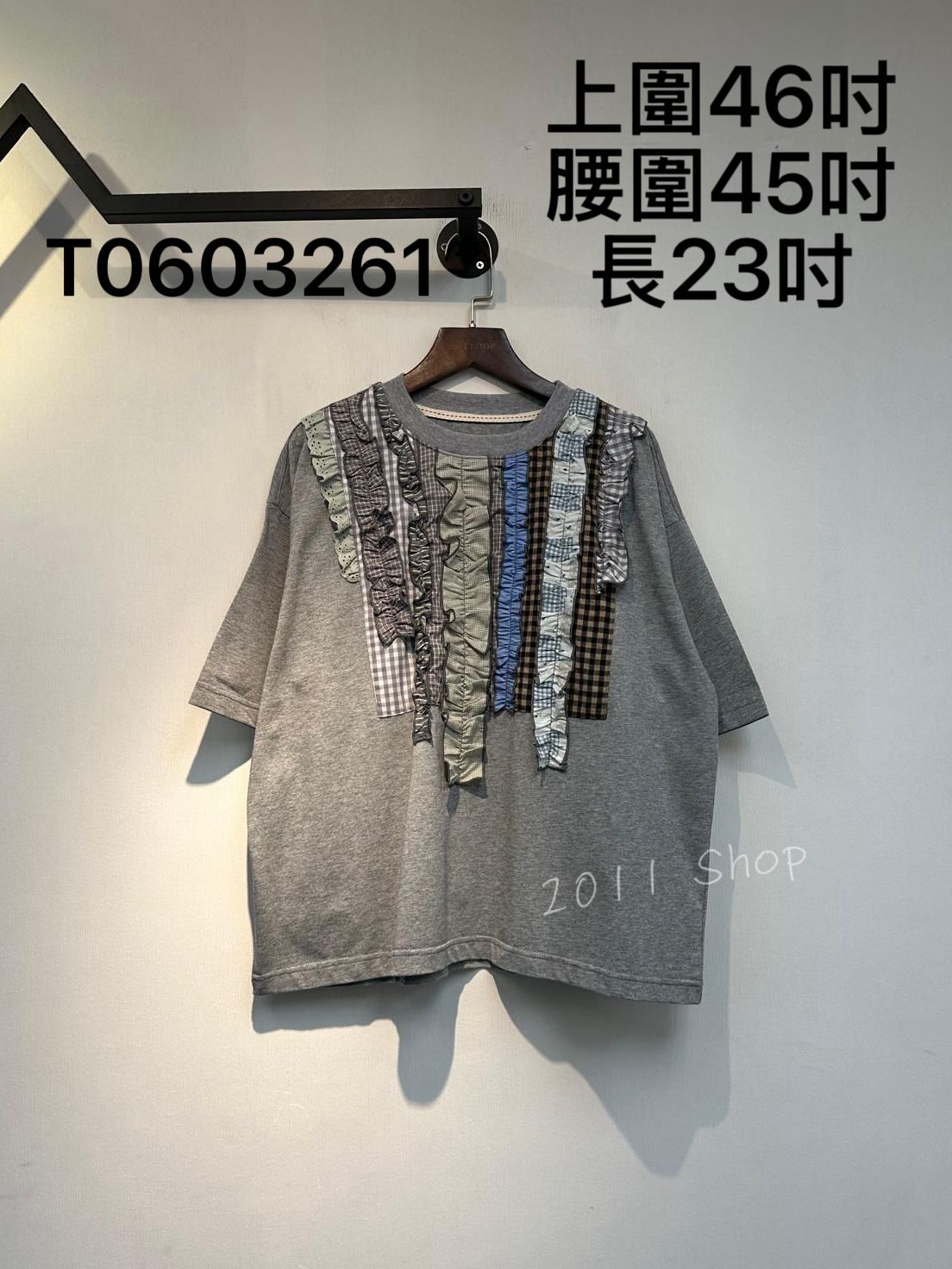 出口日本不規則花邊拼布T恤  上圍46吋 腰圍45吋 長23吋  T0603261