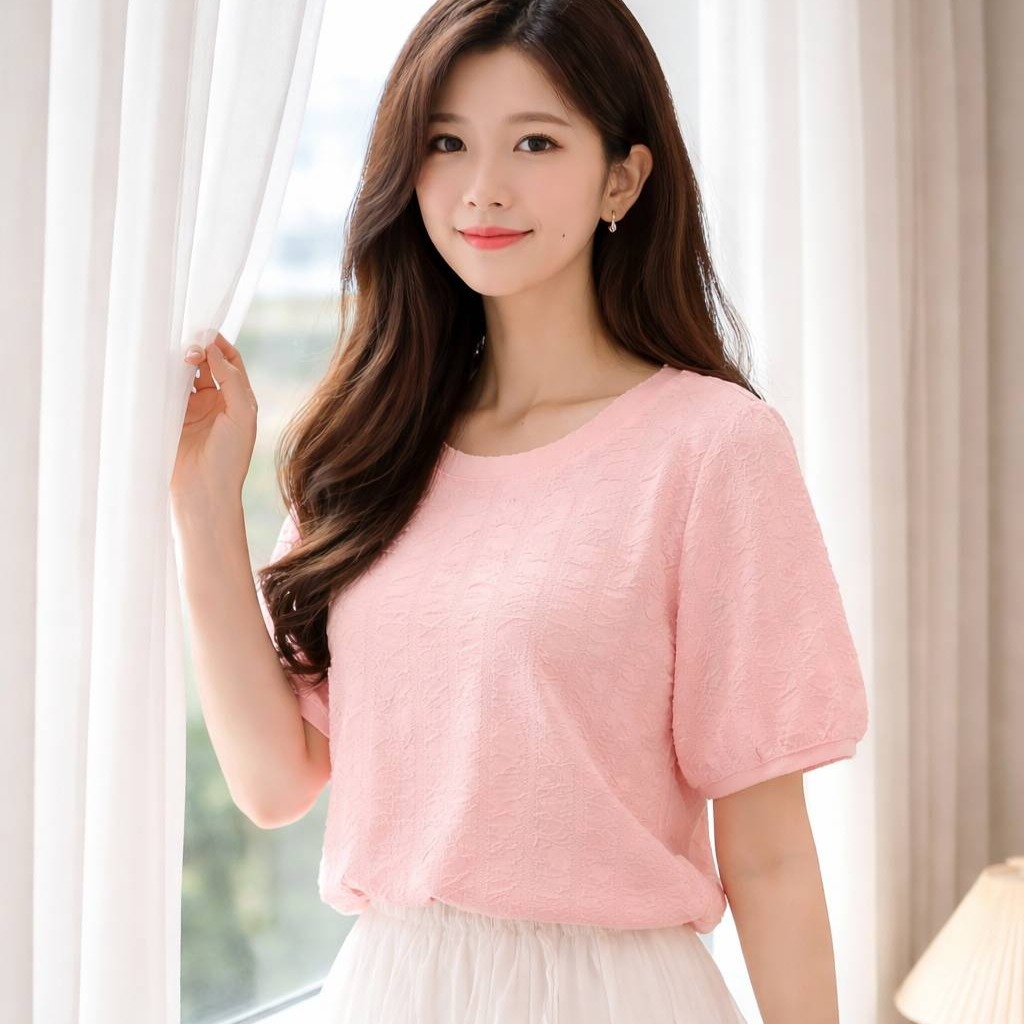 A8220-立體壓紋微澎袖甜美上衣