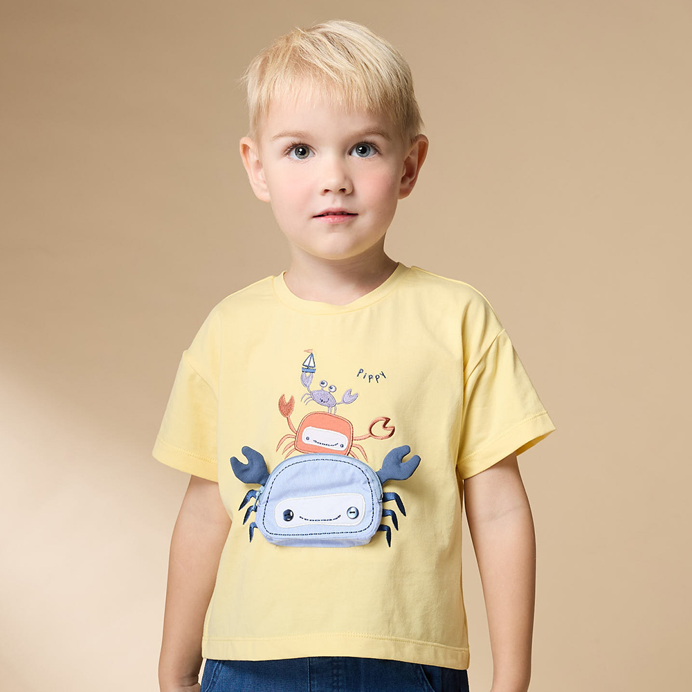 PIPPY 可愛立體螃蟹造型圓領落肩短袖上衣 米黃