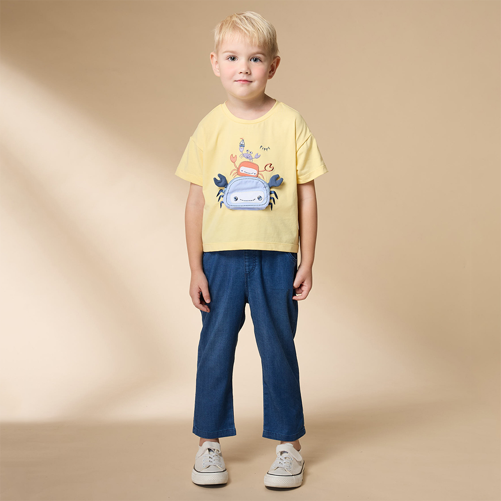 PIPPY 可愛立體螃蟹造型圓領落肩短袖上衣 米黃