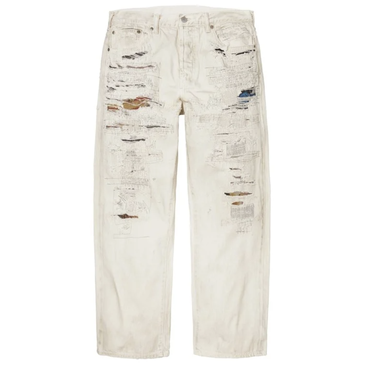 -(B2d04)-SUPREME MM6 MAISON MARGIELA DISTRESSED LOOSE FIT SELVEDGE JEAN 聯名款 破壞 牛仔褲 白色/藍色 -SS26P3