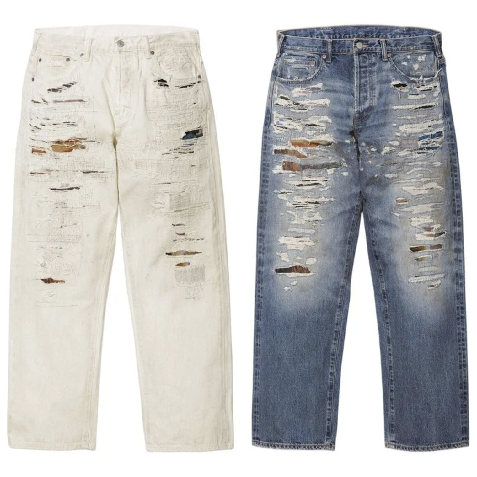 -(B2d04)-SUPREME MM6 MAISON MARGIELA DISTRESSED LOOSE FIT SELVEDGE JEAN 聯名款 破壞 牛仔褲 白色/藍色 -SS26P3