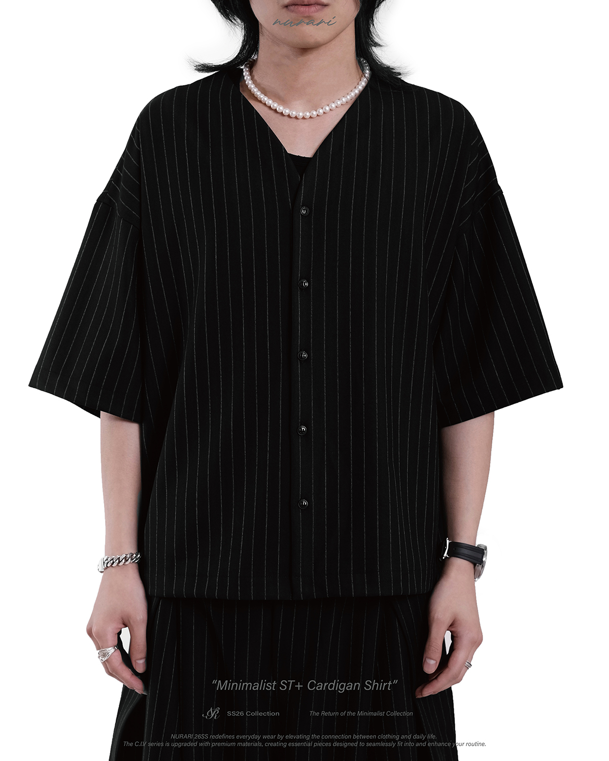 Nurari 直條紋無領罩衫 黑 26 S/S Civ. Minimalist ST+ cardigan shirt