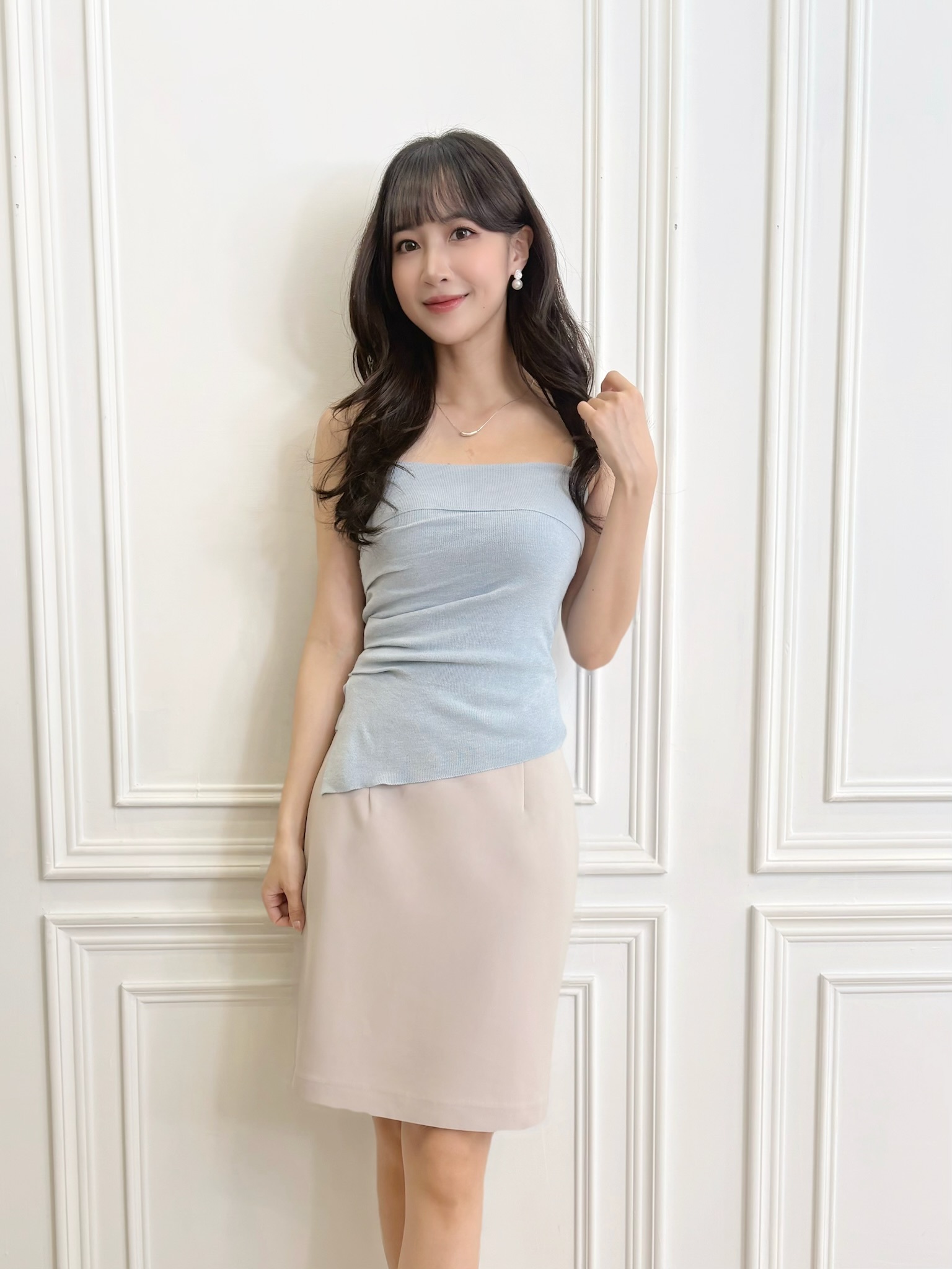 領翻片細肩帶背心+外套針織組合SET