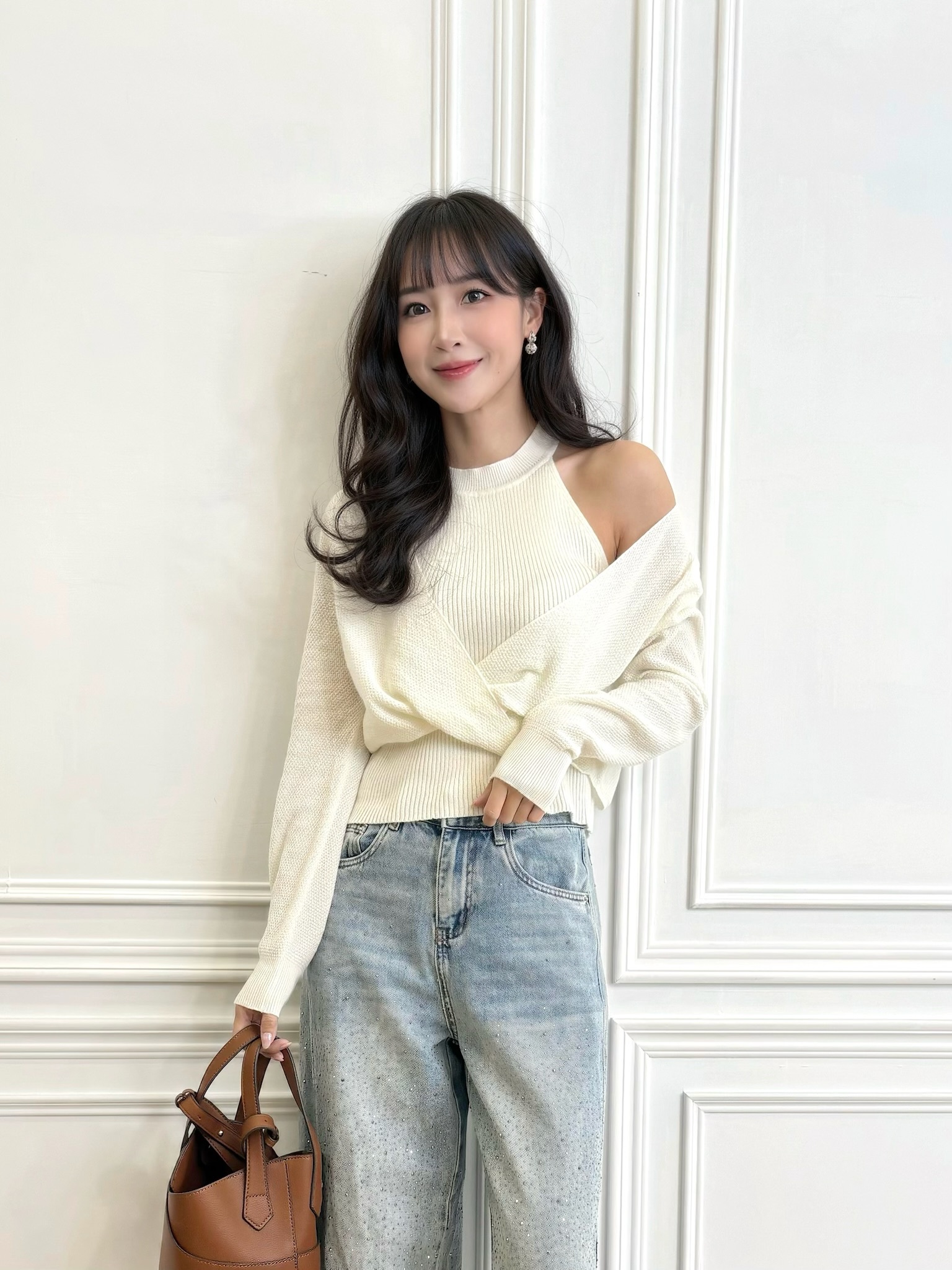 削肩針織背心+扭結外罩組合SET