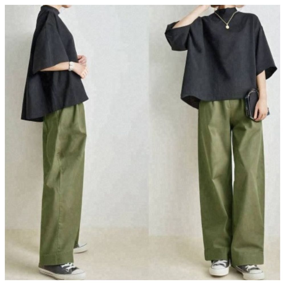 【ASister 小姊姊】AS1675#套裝☆日韓工裝風*半高領黑色短袖上衣+直筒長褲(4色 S-L)