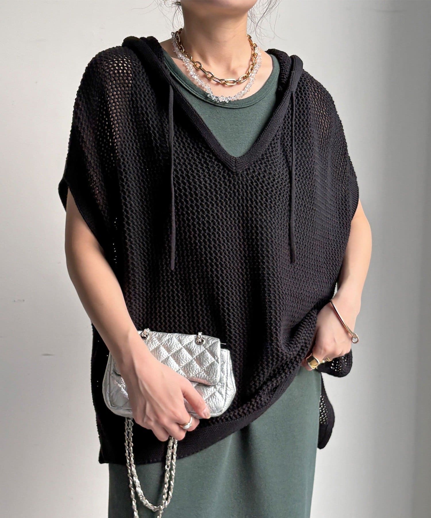 DOUDOU(ドゥドゥ)  【WEB限定】コットンニットメッシュフーディーベスト黑（DDZ1061105A0023）