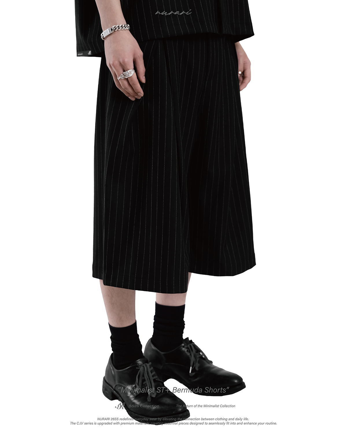 Nurari 直條紋百慕達短褲 七分褲 黑 26 S/S Civ. Minimalist ST+ Bermuda shorts