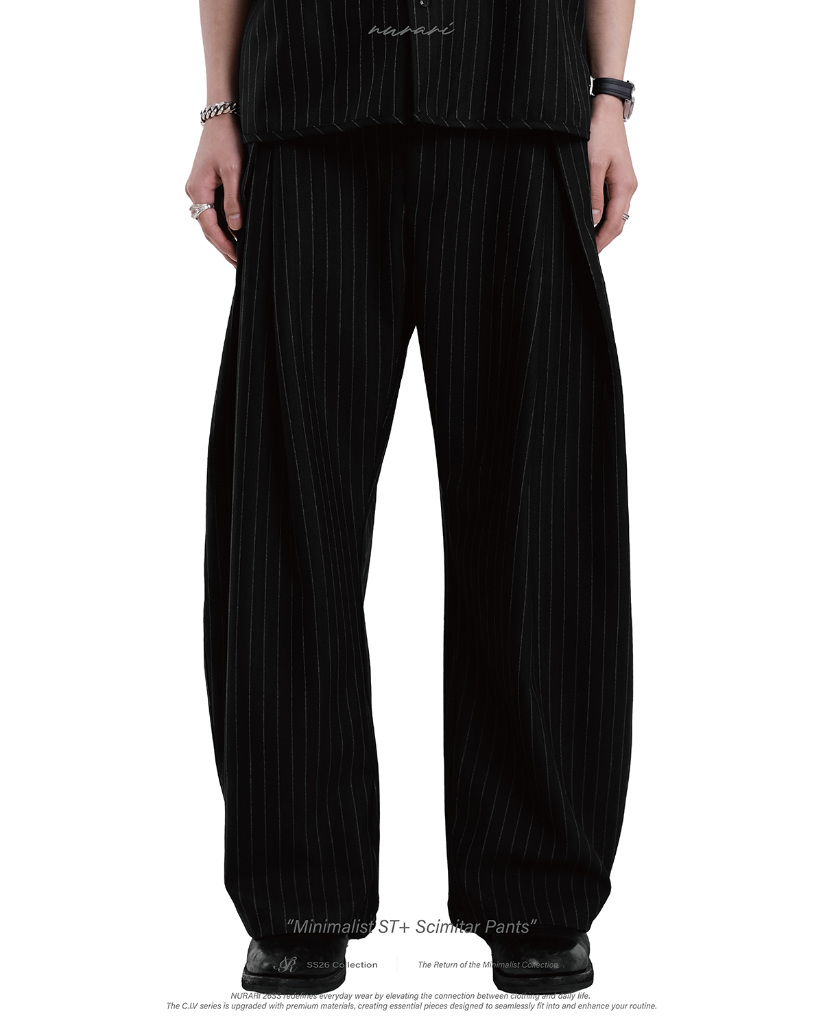 Nurari 直條紋彎刀內打摺西裝長褲 黑 26 S/S Civ. Minimalist ST+ scimitar pants