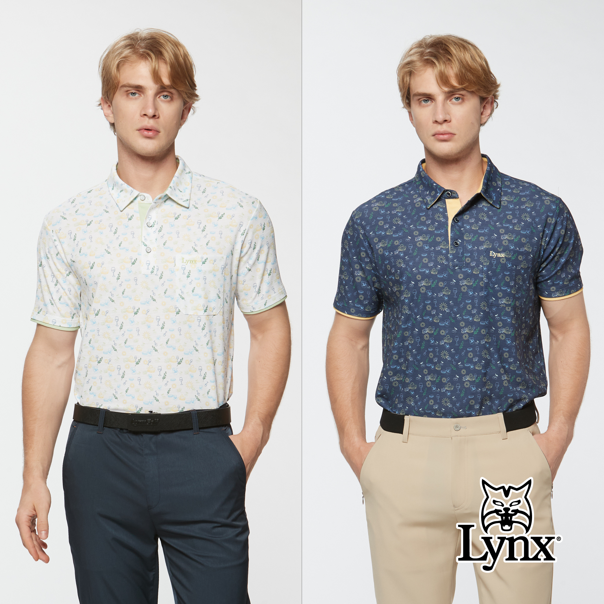 男款吸濕排汗滿版印花假兩件袖口造型胸袋款短袖POLO衫