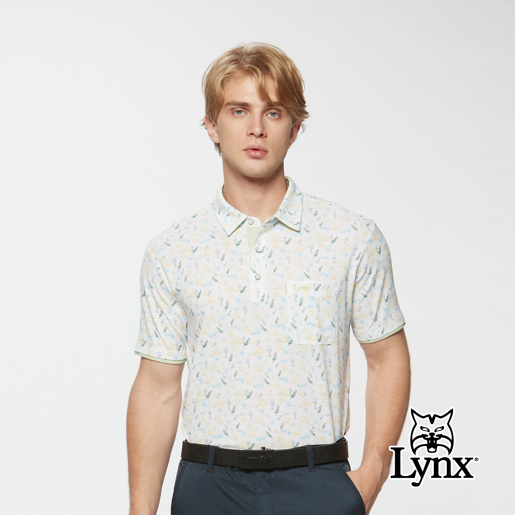 男款吸濕排汗滿版印花假兩件袖口造型胸袋款短袖POLO衫