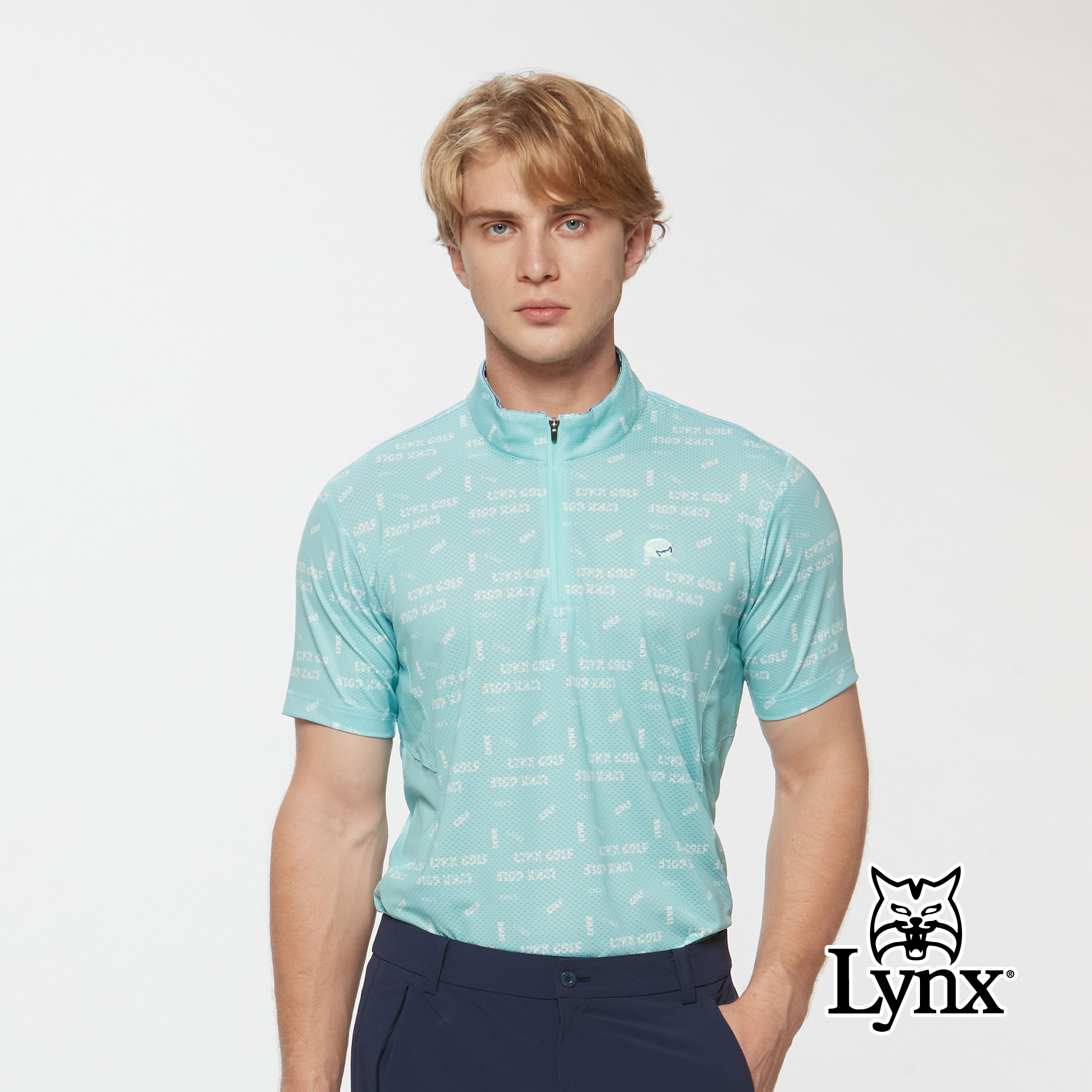 男款合身版吸濕排汗大水波紋塗鴉文字印花立領短袖上衣