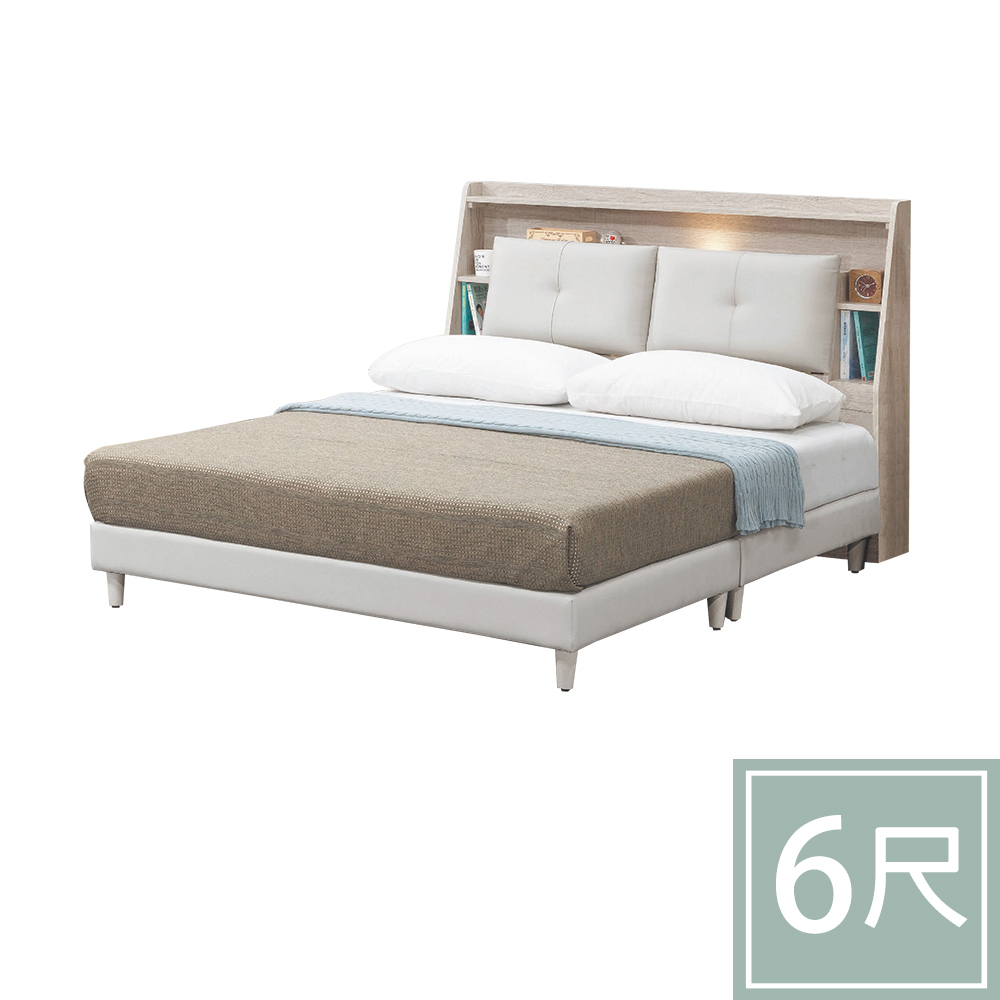 柏蒂家居-巴克利6尺雙人加大床組(附LED夜燈/USB插座床頭箱+貓抓皮床底-不含床墊)