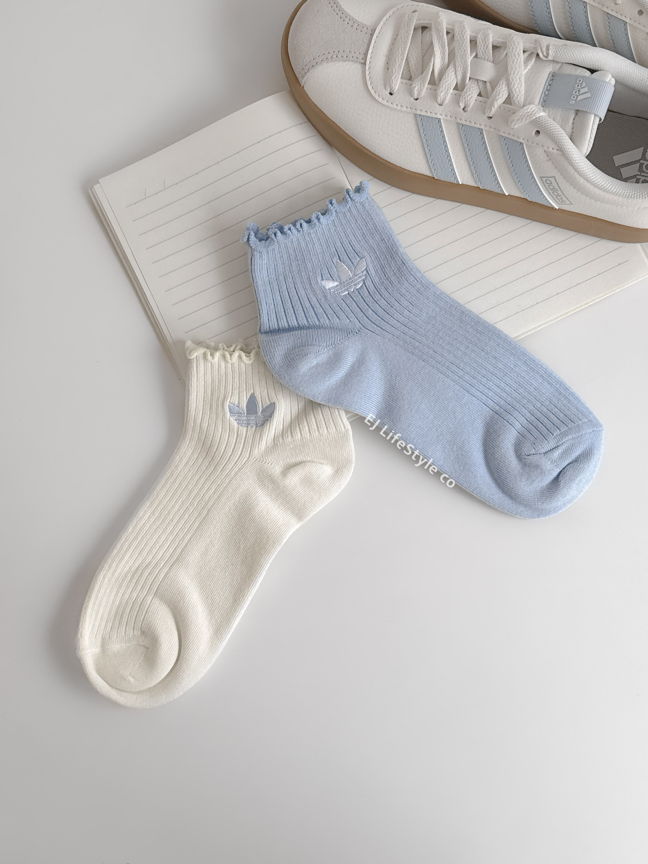 ADIDAS 海鹽寶寶藍 荷葉邊 低筒襪 襪子 奶油 淡藍 一組二入 KD8368 / 調貨