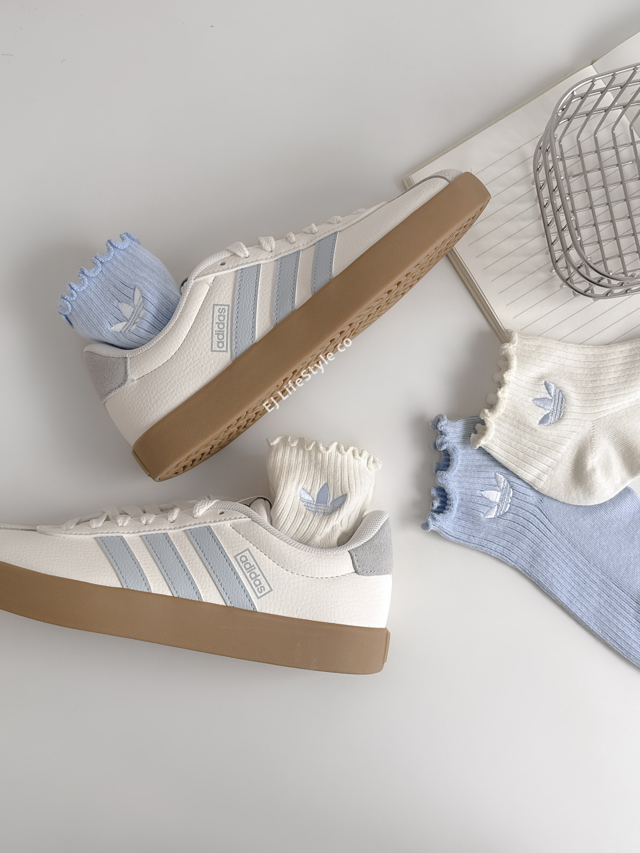 ADIDAS 海鹽寶寶藍 荷葉邊 低筒襪 襪子 奶油 淡藍 一組二入 KD8368 / 調貨