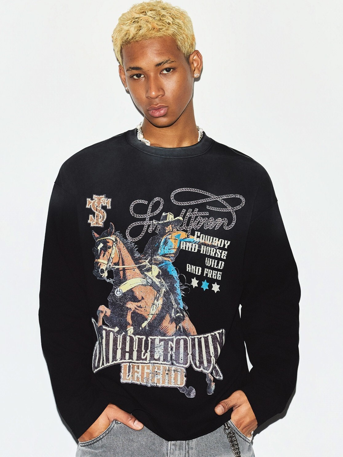 STK SmallTownKid 復古做舊 牛仔韁繩野馬印花 長袖T