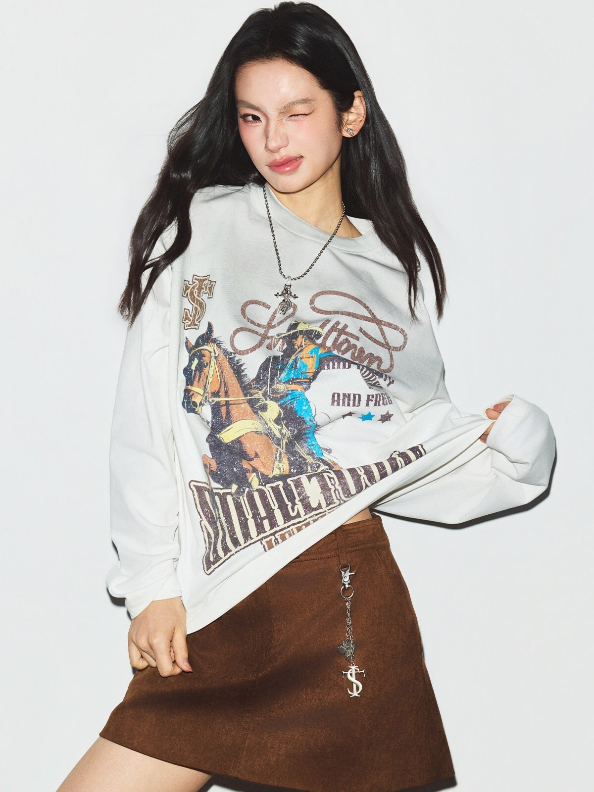 STK SmallTownKid 復古做舊 牛仔韁繩野馬印花 長袖T