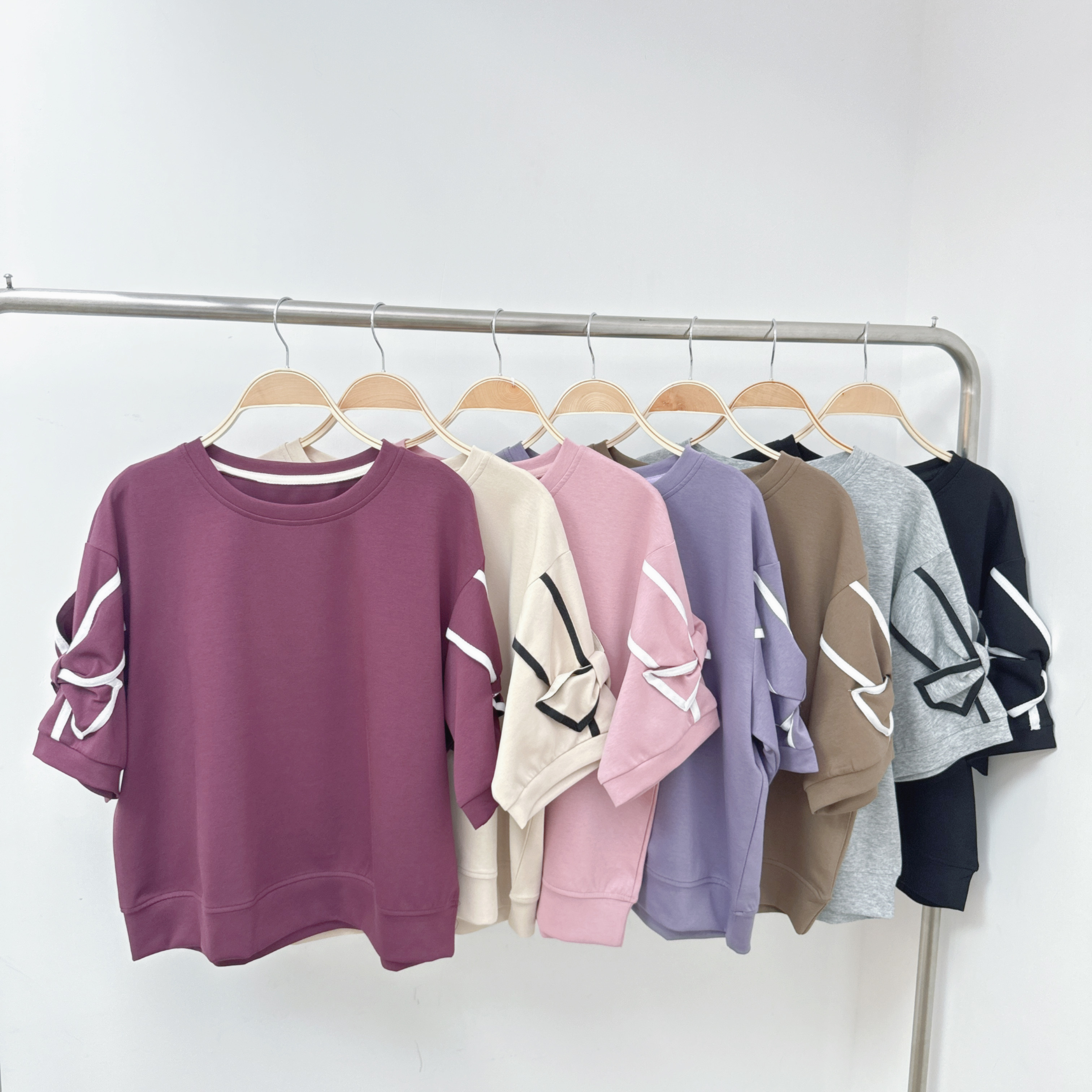 【預訂】扭結織帶包邊蝴蝶中袖棉TOP (E57-E65)