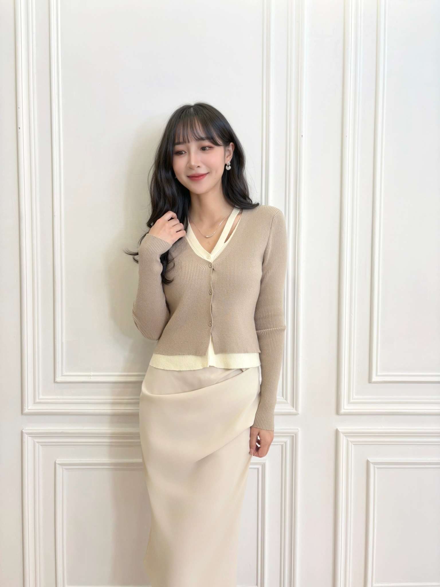 繫帶撞色領針織上衣