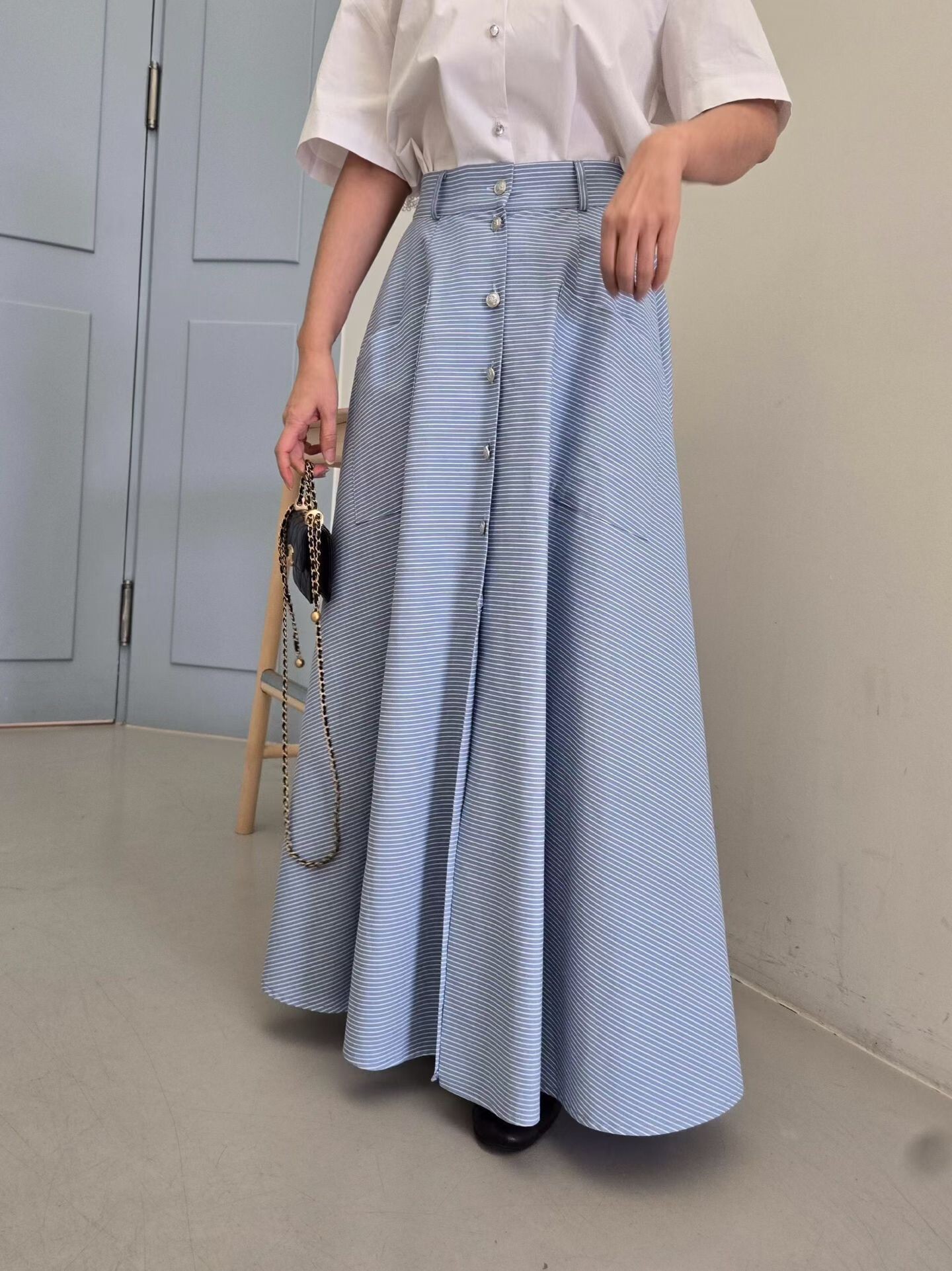 細橫紋口袋大圓裙
