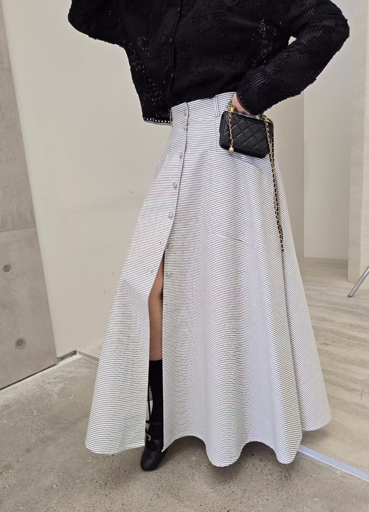 細橫紋口袋大圓裙